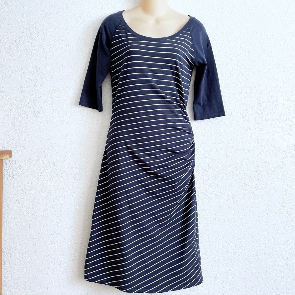 Fig Voyage Navy Blue Stripped Side Ruched Half Sleeve Dress SMALL Stretchy
